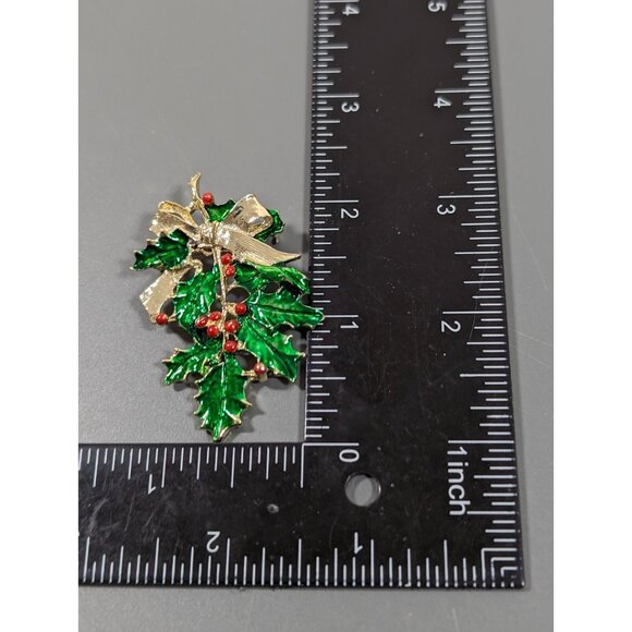 Vintage Christmas Mistletoe Green Leaf Bow Pin Brooch Gold Tone - Picture 7 of 7